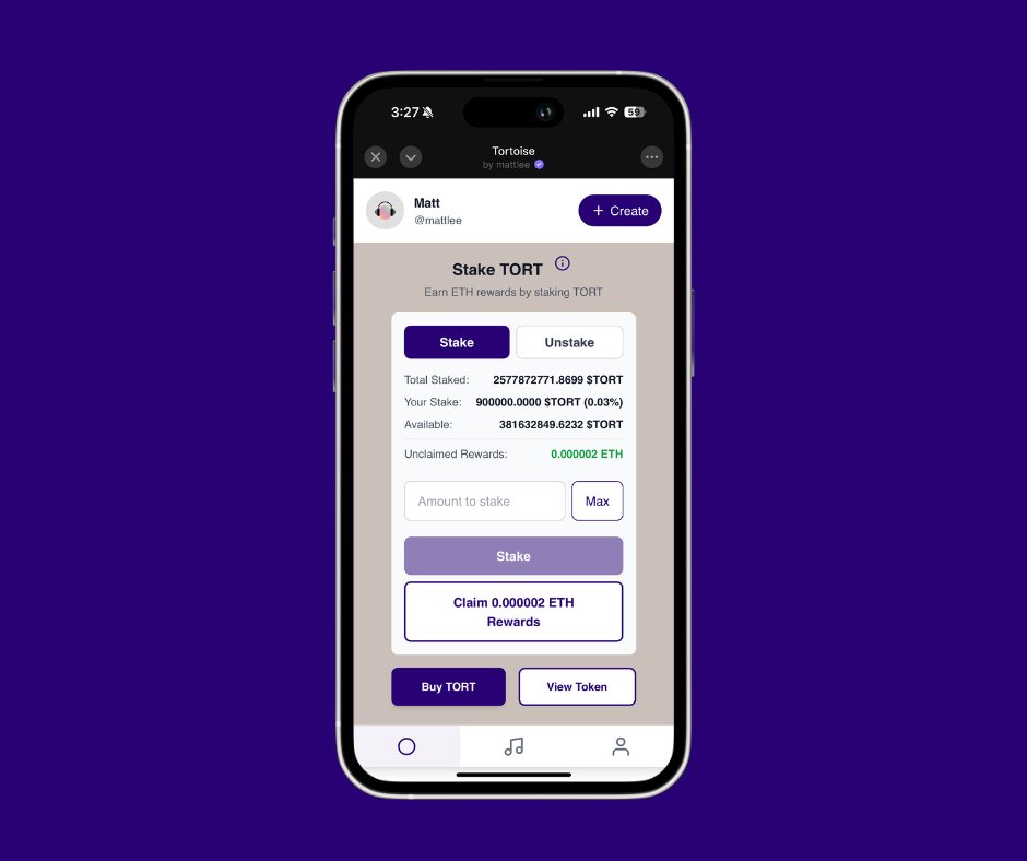 tortoise_on_fc's tweet image. New in Tortoise:  Staking

You can now stake TORT to receive a portion of Tortoise Protocol fees in ETH. 

This is an exciting new feature, as it is an integral part of the fabled &quot;Circle of $TORT&quot;. Enjoy!

Currently only available in the Tortoise mini app on Base and Farcaster