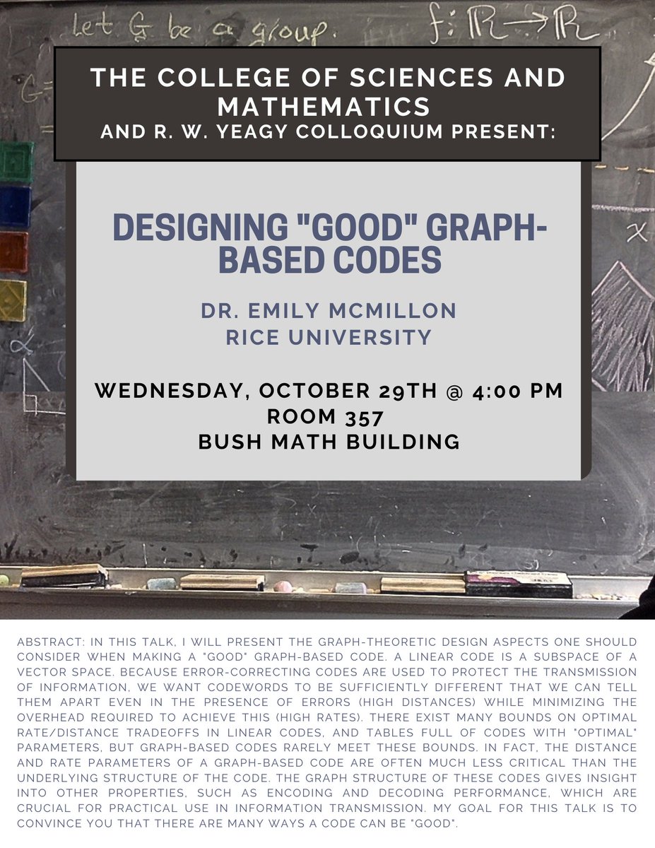 SFAMathStats's tweet photo. Our next colloquium will feature Dr. Emily McMillon from Rice University on Wednesday, October 29 at 4pm in Math Building 357! https://t.co/zSMnV6ehZs