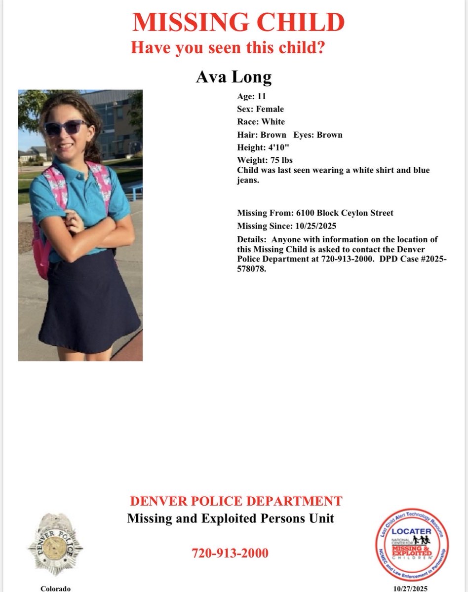 #MissingPerson - Plz Read &amp; RT: #Denver, can you help us find Ava? She’s been missing since Saturday. If you see her or know his whereabouts, please call 720-913-2000.