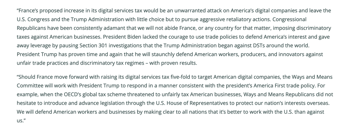 NetChoice applauds <a href="/WaysandMeansGOP/">Ways and Means Committee</a> <a href="/RepJasonSmith/">Rep. Jason Smith</a> <a href="/MikeKellyPA/">Rep. Mike Kelly</a> <a href="/RepAdrianSmith/">Rep. Adrian Smith</a> for standing up for American innovators!

France is proposing to quintuple (!!) its Digital Sales Tax from 3% to 15%.

Thank you for standing against this discriminatory regulatory attack on US tech!
