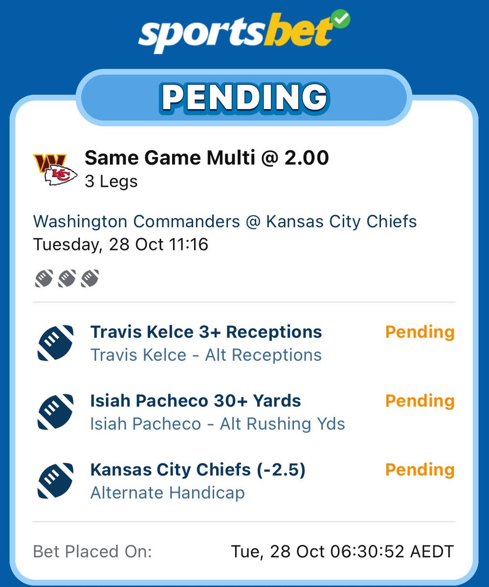 $10 -> $10,000 Challenge Starts Today 🔥 

10 straight double ups 👀 

BET 1 - let’s start with NFL Primetime

KC Cheifs -2.5 Alt Handicap
Travis Kelce 3+ Receptions
Isiah Pacheco 30+ Rush Yards

Like if you are Tailing 💙🐍