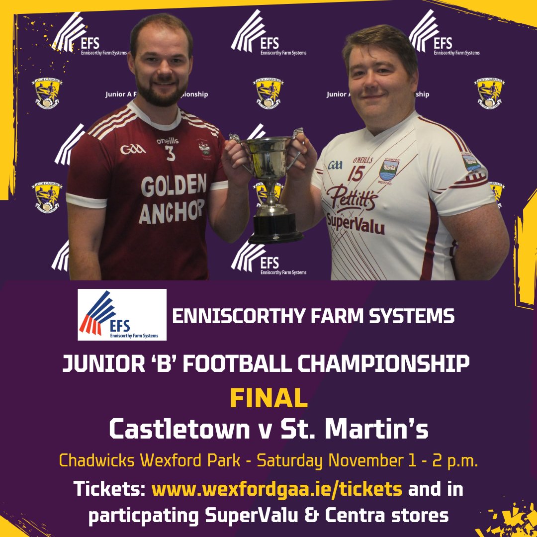 OfficialWexGAA's tweet image. Football action will begin in @ChadwicksIE Wexford Park on Saturday with the meeting of @CastletownM and @StMartinsGAA in the @EFSPaddy Junior &apos;B&apos; Final at 2 p.m.  Which side will claim the cup?

The match will be followed by the final of the @ashparkhotel &amp;amp; @ambspringshotel…