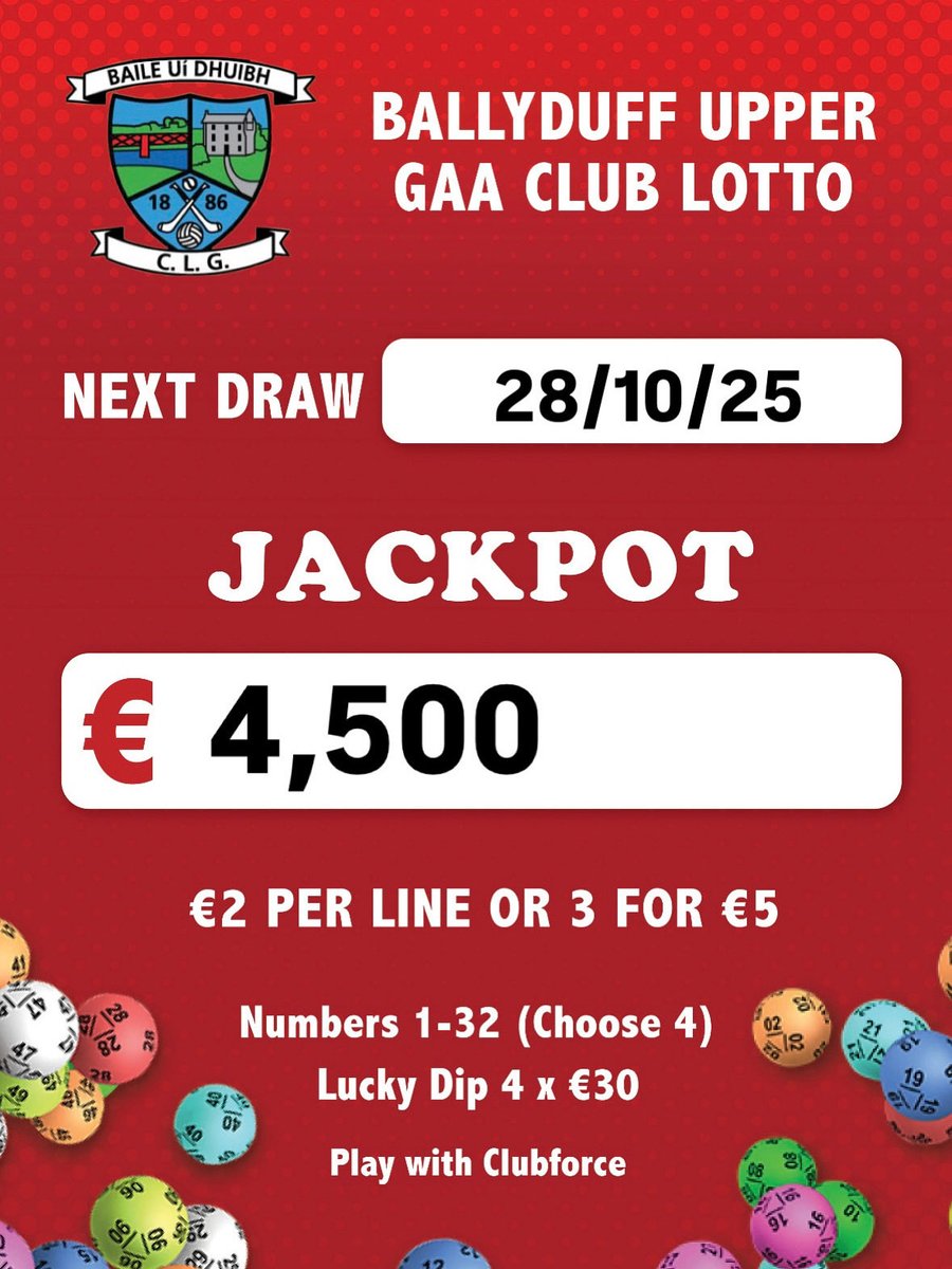 Fancy winning €4,500? 

Get your tickets at the link below. ⬇️

play.clubforce.com/play_newa.asp?…

Purchase your ticket before 9pm Tuesday to be entered in the draw. ⏳