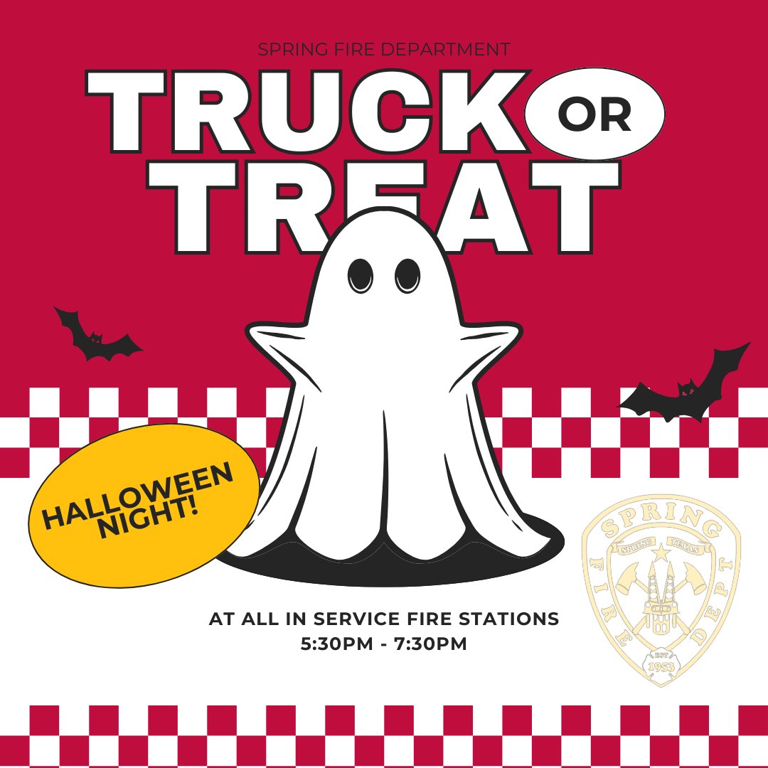 Truck or Treat returns this Friday evening, October 31.
Bring your little ghouls and goblins to your nearest Spring Fire Station to trick or treat this Halloween .
Check our handy map here: springfd.org/our-coverage-a…
#Halloween #trickortreat #truckortreat #candy #springtx