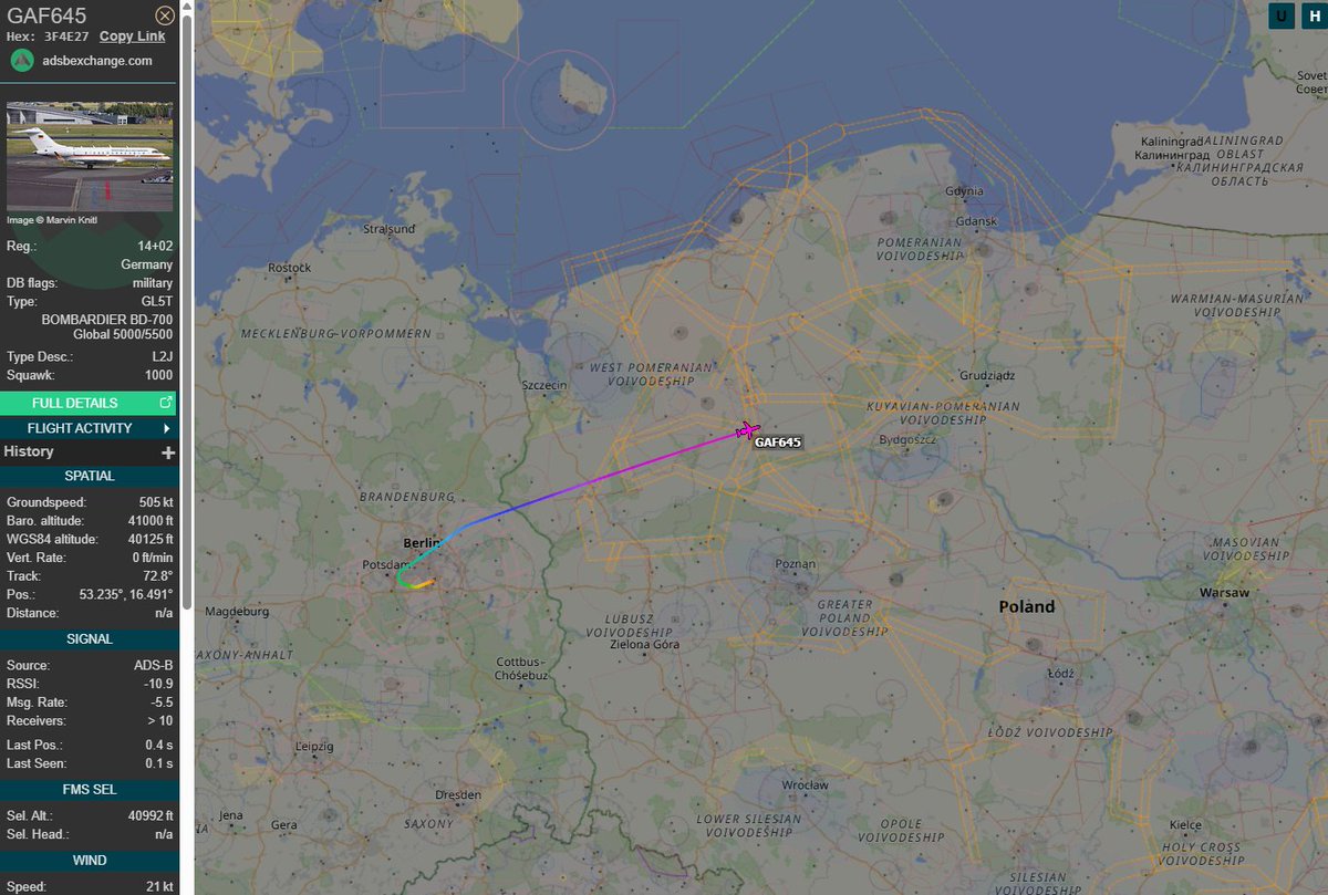 PolishMilRadar's tweet photo. 📅27.10⌚️20:40LT - 🇩🇪✈️ Niemiecki Bombardier tranzytem

🇩🇪 Siły Powietrzne Niemiec 
✈️ Bombardier Global 5000 "14+02"
🛫 Berlin Brandenburg #EDDB | Niemcy 🇩🇪
🛬 Wilno #EYVI | Litwa 🇱🇹
#GAF645 leci na FL410
🔗https://t.co/0GvMBv63Gk

#POLMILRADAR https://t.co/u62f5t7J47