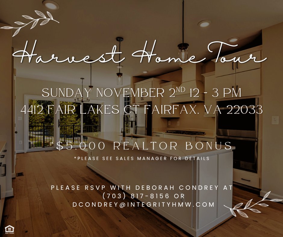 🍂 Harvest Home Tour – Sunday, Nov. 2 | 12–3 PM 🍂
Tour our beautifully decorated models, enjoy fall treats, and enter to win raffle prizes from Champion Title &amp; First Heritage Mortgage — plus a $5,000 Realtor Bonus for qualifying contracts!
Come see why The Enclave at Fair Lakes