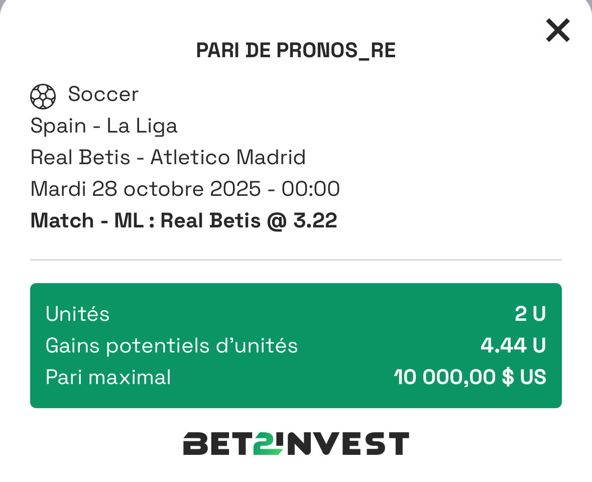 Pronos_re's tweet photo. 🏆🇪🇸| BÉTIS SÉVILLE vs ATLETICO MADRID 

♦️Bétis Séville (@ 3,22 - PS3838) 2u 

🎙️ L’Atlético n’a jamais gagné à l’extérieur cette saison, Match post-LDC pour eux = moral fragile. Enfin trop Alvarez dépendance devant..

#TeamParieur https://t.co/nFUVH9gMq4