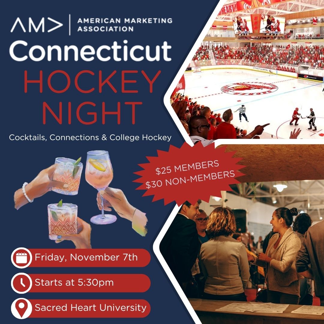 Cocktails, Connections &amp; College Hockey! 
Join AMA-CT &amp; SHU for networking &amp; live hockey 

📅 Nov 7 | 5:30 Networking
 🏒 6:40 PM Puck Drop
 📍 Sacred Heart U
 💲 $25 Members | $30 Non-Members

👉 Register: zurl.co/ayhAO 

#AMACT #SacredHeartUniversity