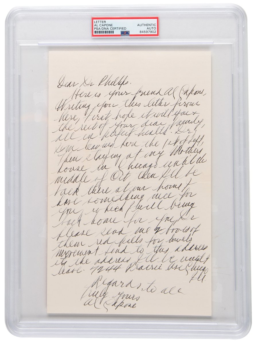 “Here is your friend Al Capone.”

A handwritten 1941 letter from the Chicago mob boss to his family doctor — politely requesting “2 boxes of them red pills for bowels movement.”
Mob history meets TMI.

Now up for bid <a href="/RRAuction/">RR Auction</a>.
🔗shorturl.at/66d3k

#AlCapone