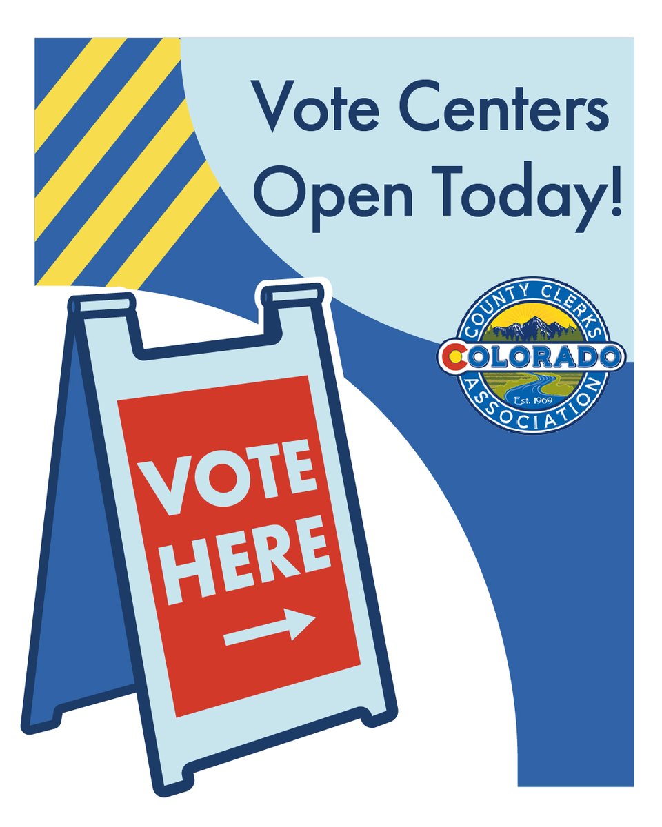 CoCtyClerks's tweet photo. 🏢 Voter Service &amp; Polling Centers open today! Register, vote, or get a replacement ballot.

🏢 ¡Hoy abren los Centros de Votación y Servicio! Regístrese, vote o pida una boleta de reemplazo.

#copolitics #elections #vote https://t.co/iFuFsj9ZUX