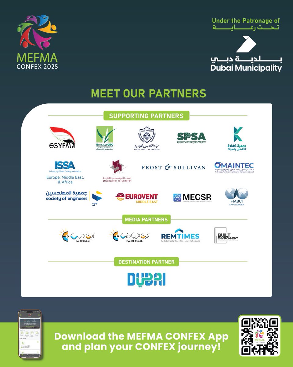 MEFMA's tweet image. 🤝 We’re proud to announce our partners for MEFMA CONFEX 2025!
Together, we’re shaping the region’s leading FM event — bringing collaboration, innovation, and excellence to the forefront of the industry.

#MEFMACONFEX2025 #FacilitiesManagement #FMCommunity #FMInnovation…