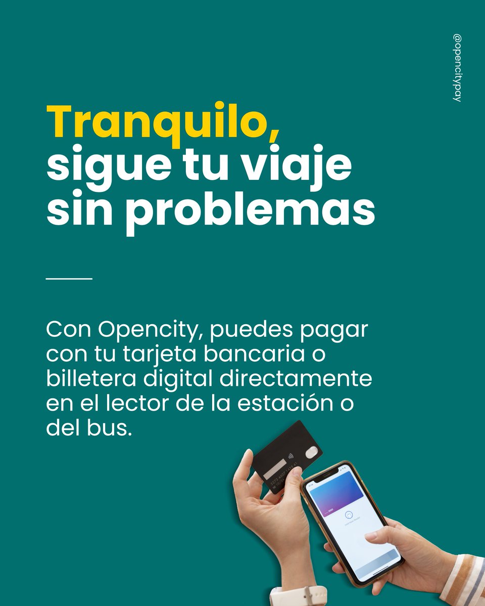 OpencityPay's tweet photo. No más filas para recargar.

Con Opencity, puedes pagar con tu tarjeta bancaria o billetera digital directamente en el lector de la estación o del bus. 💳🚍

#TransportePúblico #PagosElectrónicos https://t.co/5kWwXGnh47