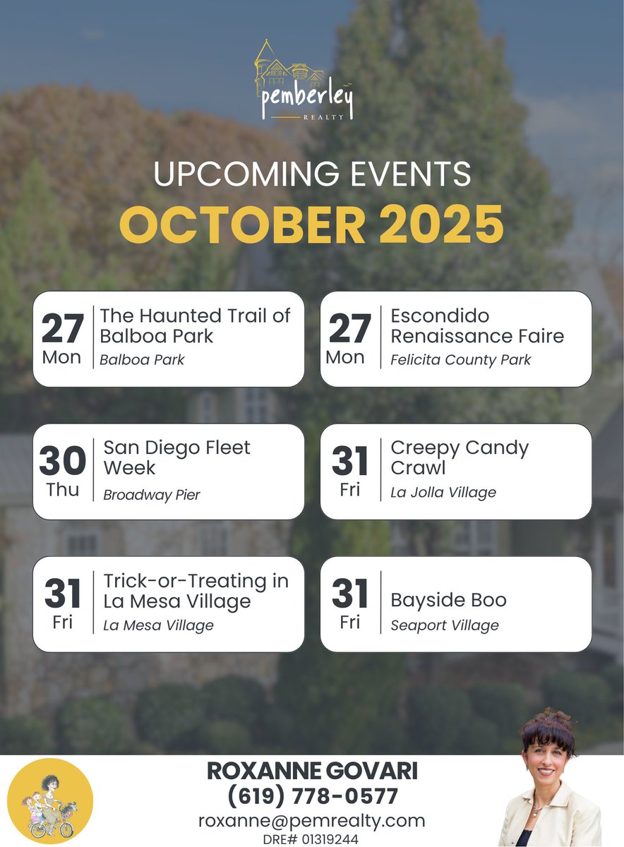 RoxanneGovari's tweet image. Are you ready to get spooked this week? 👻
Check out these amazing Halloween events happening around San Diego!

Which one are you going to? 🎃👇

#FamilyFunSD #FallFestivities #OctoberInSanDiego #SanDiegoLiving #SDFun #NeighborhoodVibes #SupportLocalSD #PemberleyRealty