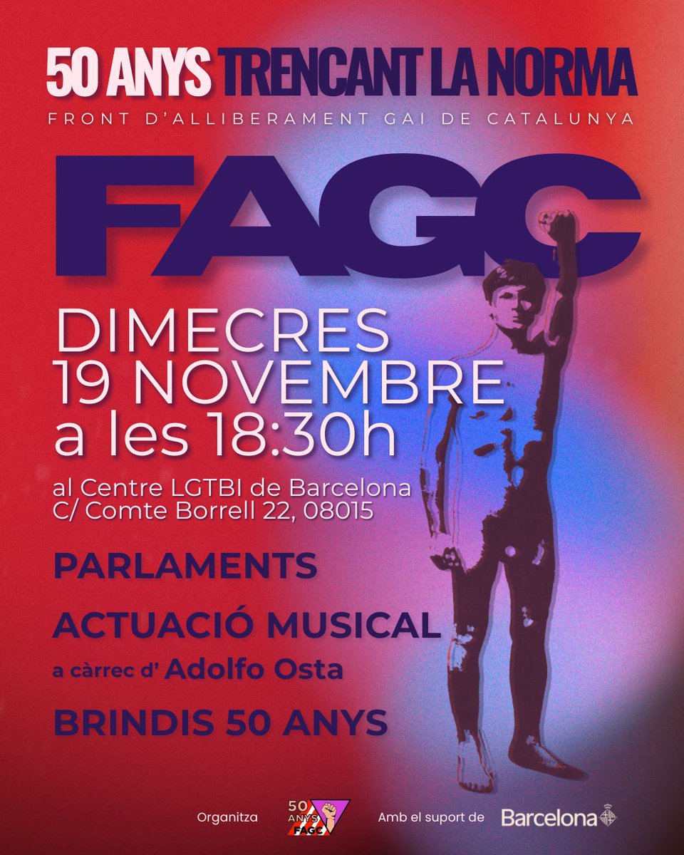 El proper 19 de novembre al @barcelonalgtbi celebrem 50 anys del FAGC - Front d'Alliberament Gai de Catalunya-amb l'actuació de l'amic, company i cantant @ostaadolfo .
Una trobada molt especial de lluita i sentiment per conmemorar amb totes aquest aniversari