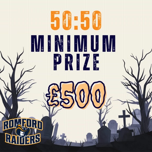 🎃👻 HALLOWEEN 50/50 Tonight! 👻🎃

💰 MINIMUM PRIZE: £500!
🎟️ Tickets from sellers around the rink:
£1 = 1 ticket | £2 = 3 | £3 = 5 | £5 = 10 | £12 = 25 | £20 = 50
Don’t miss out — someone’s going home spooky rich tonight! 🧡💙