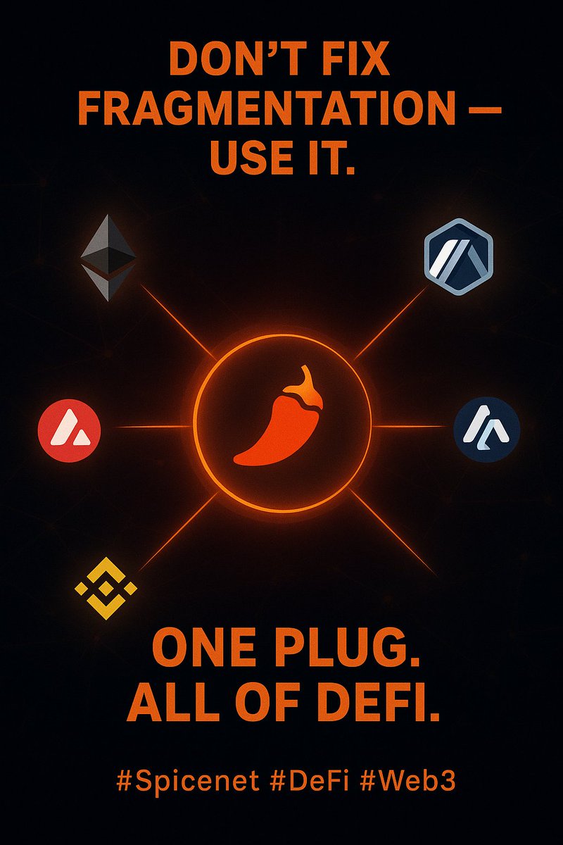 MarunDc's tweet image. 🚀 DeFi keeps growing  and fragmenting. Spicenet’s flipping that chaos into pure alpha. 🌶️
💥 Spice Edge: tap top liquidity across chains
🌐 Spice Flow: scale your app anywhere
One plug. All of DeFi. Let’s gooo! 🔥
#Spicenet #DeFi #Web3