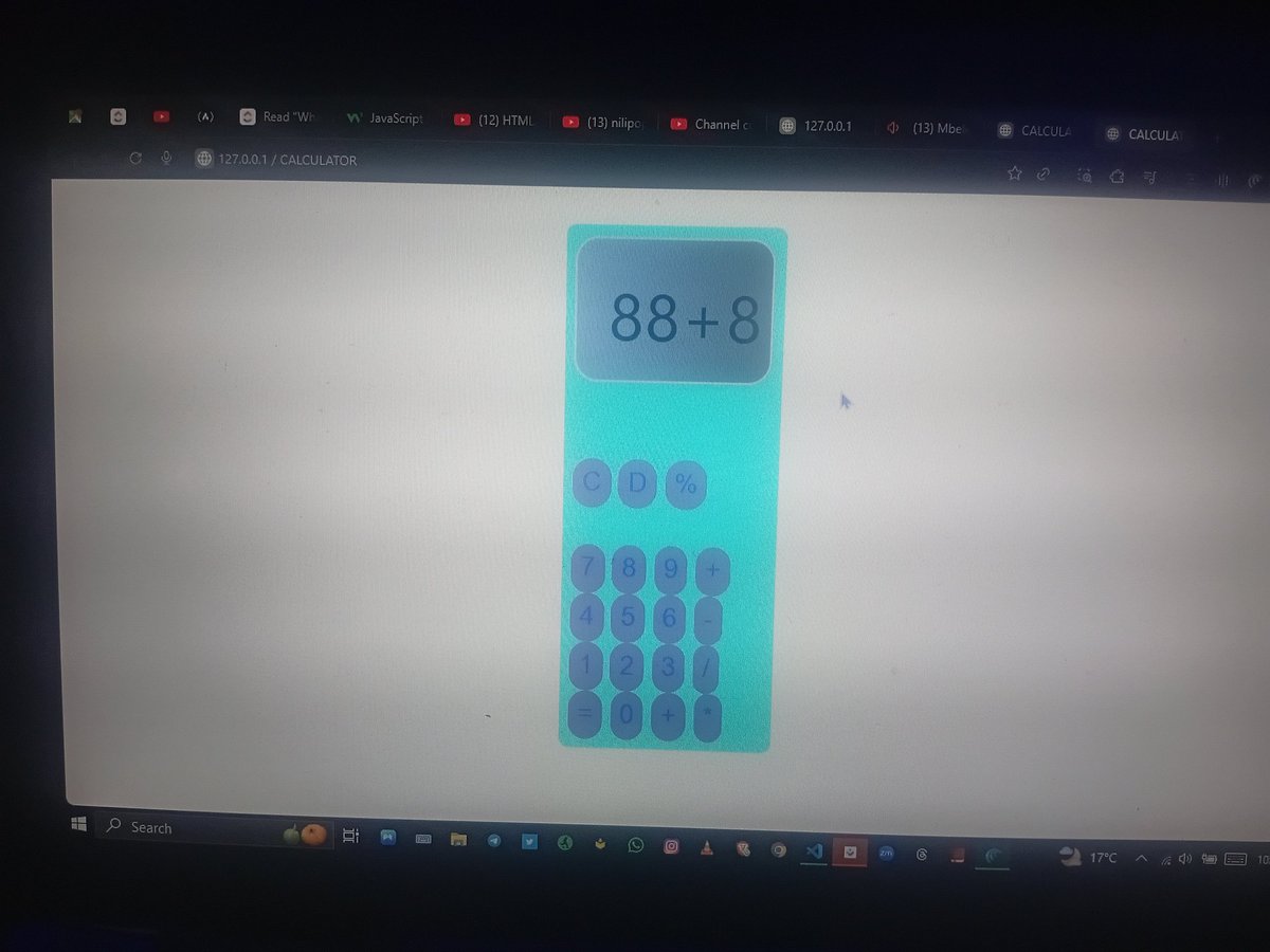 CodeWith_Erick's tweet image. Day 5 of learning JavaScript
Built a basic calculator web app using HTML, CSS, and JavaScript
Practiced layout design and basic operations; addition, subtraction, multiplication, and division.
Feeling more confident with DOM manipulation and linking JS logic daily.
#30DaysOfCode