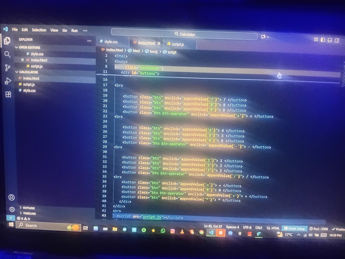 CodeWith_Erick's tweet image. Day 5 of learning JavaScript
Built a basic calculator web app using HTML, CSS, and JavaScript
Practiced layout design and basic operations; addition, subtraction, multiplication, and division.
Feeling more confident with DOM manipulation and linking JS logic daily.
#30DaysOfCode