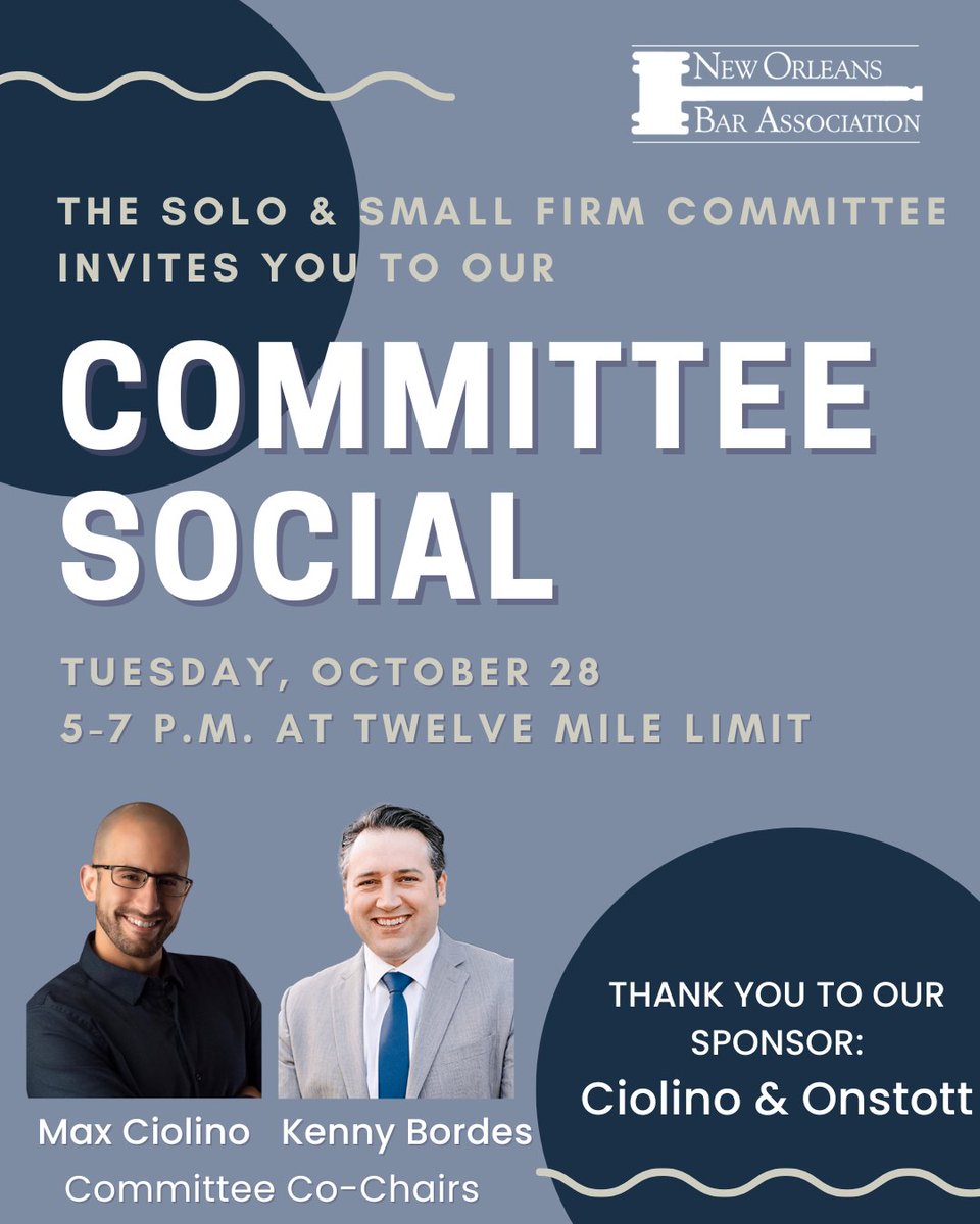 Join NOBA's Solo &amp; Small Firm Committee for a social tomorrow, Tuesday, October 28! Catch up with colleagues and get to know members of the committee. Thank you to Ciolino &amp; Onstott for sponsoring the social! RSVP now at bit.ly/48OO6TR.