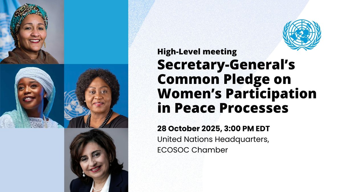 Tomorrow at UNHQ — join us for the High-Level Meeting on the Secretary-General’s Common Pledge to spotlight women’s leadership in peace processes.

Hear from women mediators, negotiators &amp; peacebuilders shaping inclusive peace.
📺 Watch live from 3PM EDT: webtv.un.org/en/asset/k1d/k…