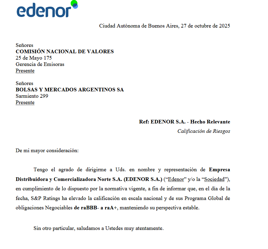 🟢 $EDN - EDENOR S.A. - S&amp;P Ratings ha elevado la calificación en escala nacional y de sus Programa Global de obligaciones Negociables de raBBB- a raA+, manteniendo su perspectiva estable.