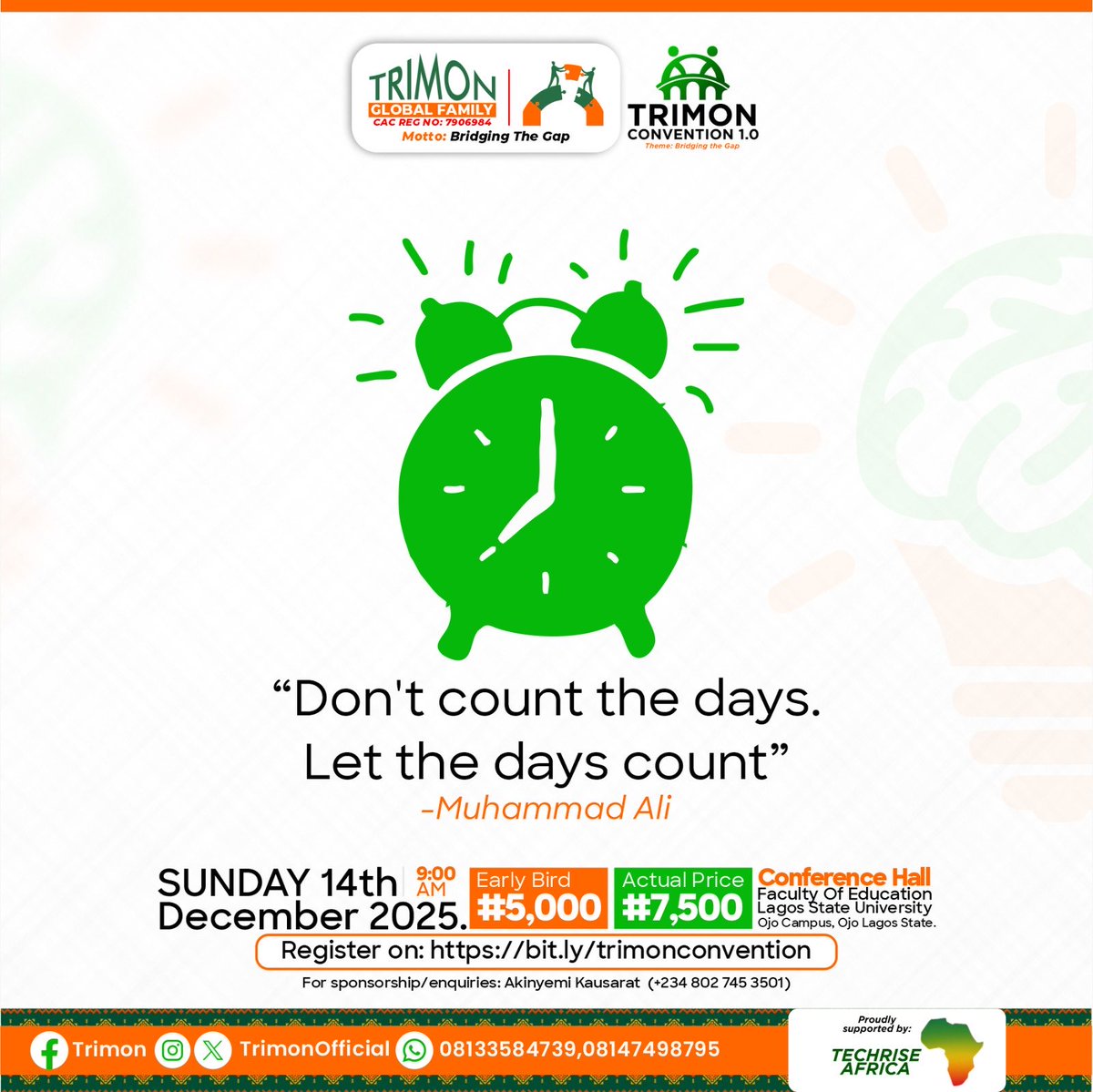 Don’t just watch the days go by—fill them with purpose, passion, and impact! 

Join us at the TRIMON Global Family Convention 1.0 as we make every moment count and bridge the gap together.

Date: Sunday, 14th December 2025 | Time: 9:00 AM

Register now: bit.ly/trimonconventi…