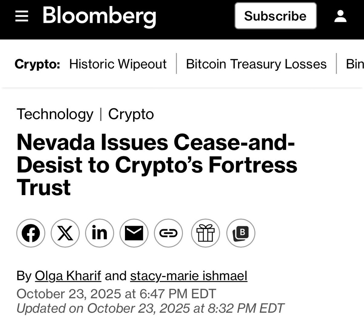 Nneuman's tweet image. Nevada regulators just served crypto custodian Fortress Trust with a cease and desist. 

And - surprise! - Fortress owes clients $12M in fiat + crypto but only has ~$1M available. 

The craziest thing to me out of this article is that the new CEO knew of financial troubles when…
