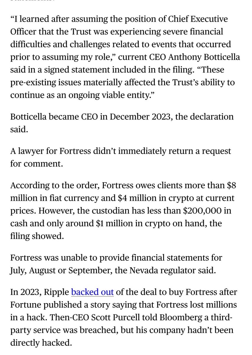 Nneuman's tweet image. Nevada regulators just served crypto custodian Fortress Trust with a cease and desist. 

And - surprise! - Fortress owes clients $12M in fiat + crypto but only has ~$1M available. 

The craziest thing to me out of this article is that the new CEO knew of financial troubles when…