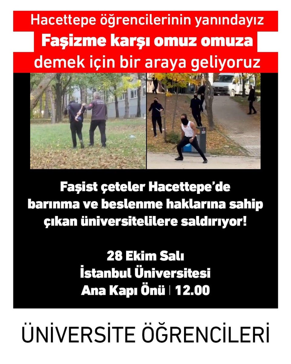 Hacettepe'li Arkadaşlarımızın Yanındayız! 

Kampüslerimizde devlet ve polis destekli faşist çetelere karşı mücadelemizi büyütmek için bir arada olacağız. 

Üniversiteler bizimdir, bizimle özgürleşecek! 

📆28 Ekim Salı (Yarın) 
📍İstanbul Üniversitesi Ana Kapı Önü
⏰12.00