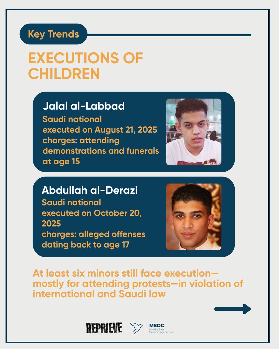 We are alarmed by increased executions for hashish, the recent executions of child defendants Jalal al-Labbad and Abdullah al-Derazi, and the June execution of Saudi journalist Turki al-Jasser. This ongoing crisis raises concern for the lives of detainees in #SaudiArabia