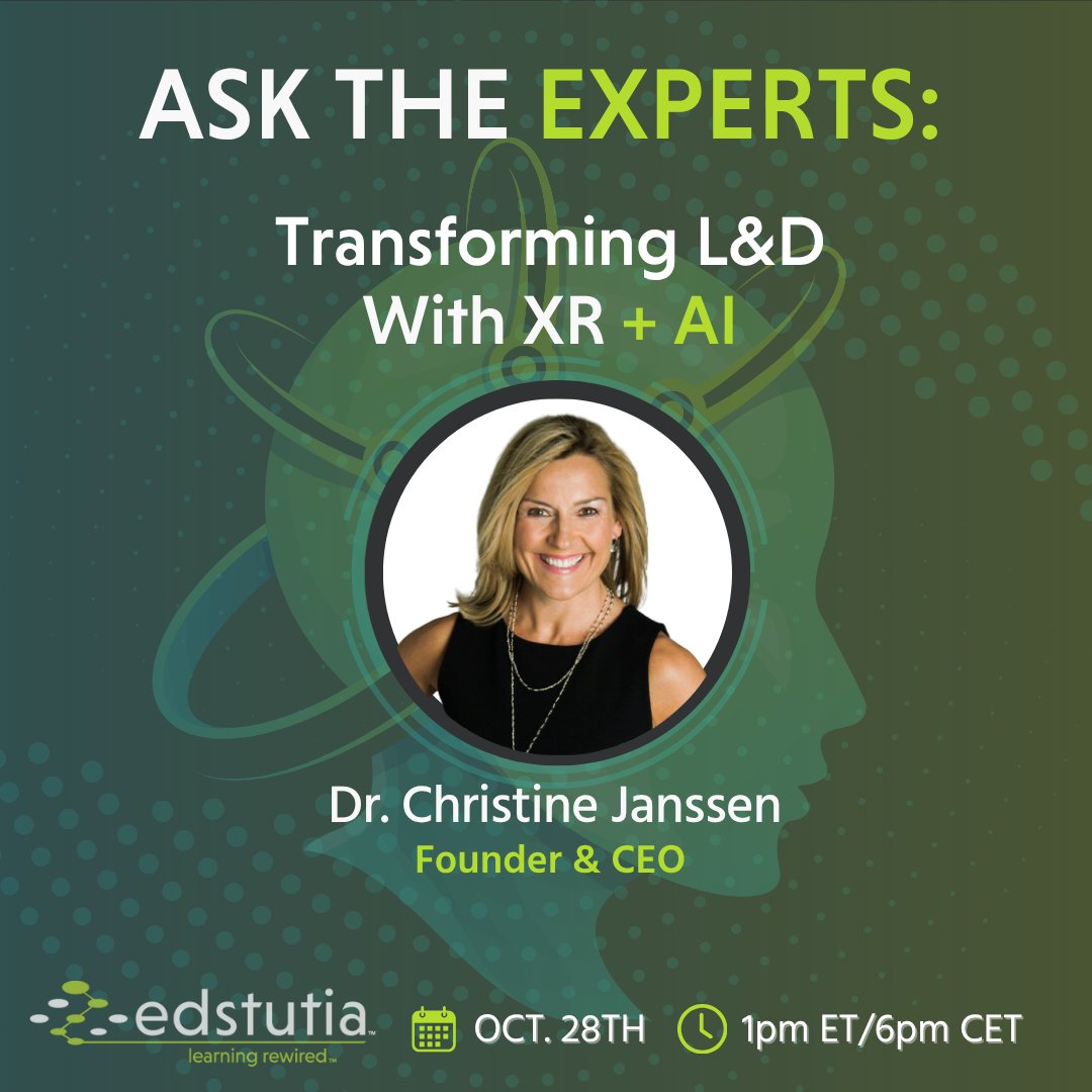 edstutia's tweet image. 🚨 Happening TOMORROW 🎓🚀

Join Dr. Christine Janssen, Founder &amp;amp; CEO of Edstutia, for a free 45-minute webinar!

📅 October 28th | 1PM ET / 6PM CET

🎟️ Reserve your spot! 👇
ow.ly/EaQE50XiFJ2

#XRinLearning #AIXR #ImmersiveLearning #EdTech #FutureOfWork #Edstutia