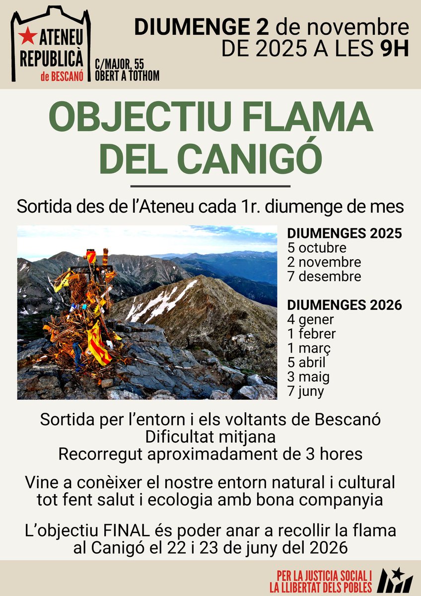 Aquest diumenge tornem amb força!
La sortida #ObjectiuFlamaCanigó 🔥  surt a descobrir els camins i racons de #Bescanó 🌱🌰🌿
No t’ho perdis — natura, esport i bona companyia! 
Sortida a les 9 del matí de l’Ateneu!!