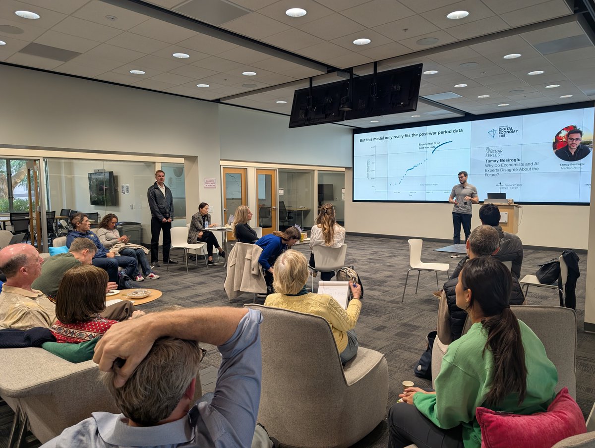 Thoughtful chat between @TamayBes and Stanford economists (Brynjolfsson, Jones, etc.). Tamay argues econ overanchors on current AI capabilities (<a href="/JacobSteinhardt/">Jacob Steinhardt</a> says 0th-order forecasting).

My read: they're on board with >>2% GDP growth but still don't agree AGI is almost here.