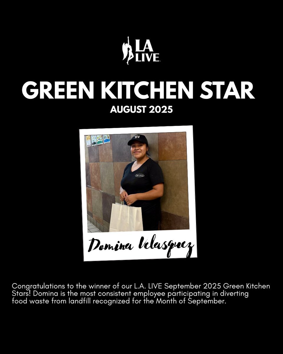 Congratulations, Arlin and Domina!⭐⭐⁣⁣⁣⁣⁣
⁣⁣⁣⁣⁣
On behalf of the L.A. LIVE team, we recognize Arlin Morris and Domina Velasquez as the September
 2025 L.A. LIVE GREEN KITCHEN STAR! Thank you for all you do and your hard work in our sustainability efforts.💚
