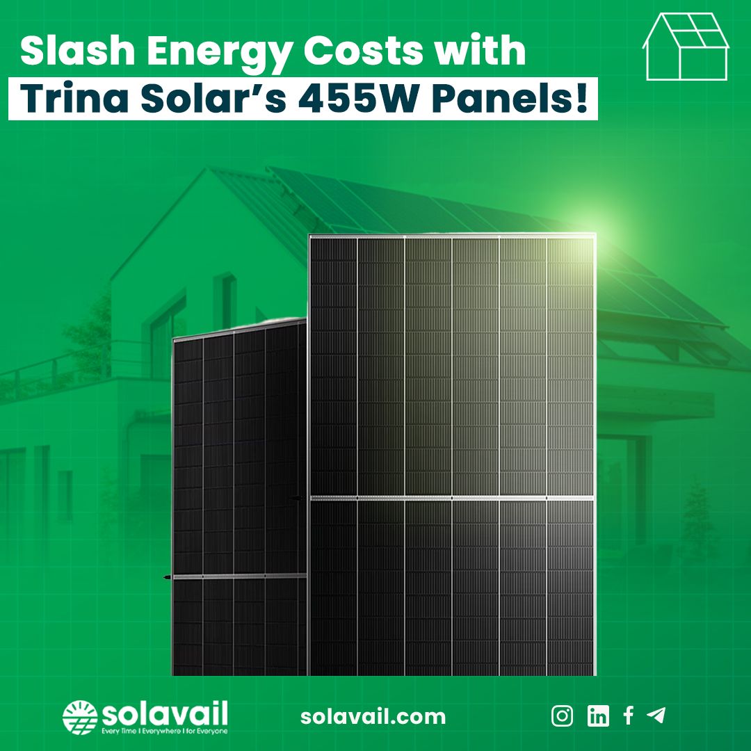 Solavail_energy's tweet photo. 🌞 Power up with Trina Solar’s Vertex S+ 455W panels!

 💡 Max efficiency (22.8%), durable dual-glass design, and ultra-low 0.4% annual degradation. Perfect for homes or businesses! 
Go green, save big, and enjoy 25-yr product + 30-yr power warranties. https://t.co/HeCOP6TLbu