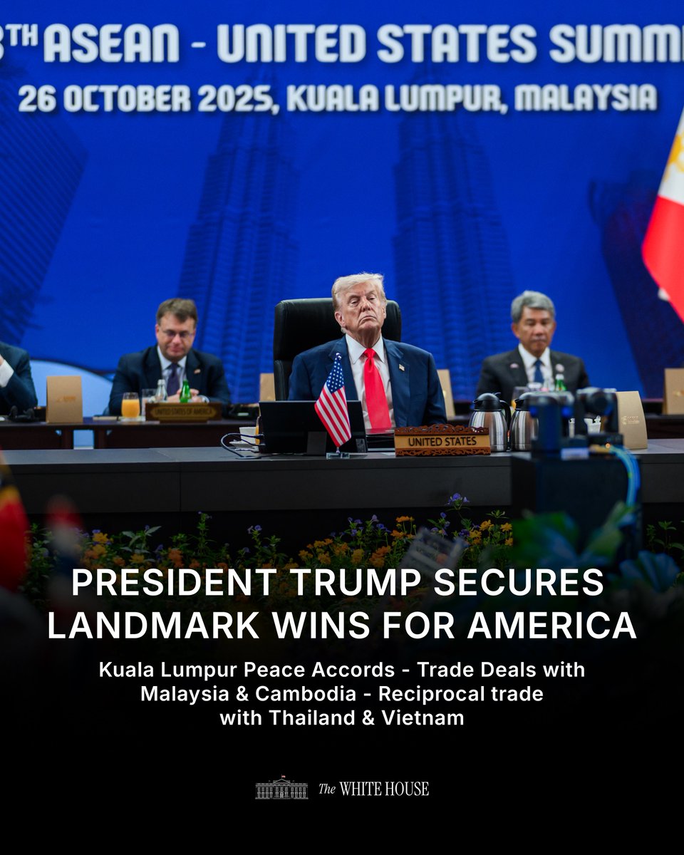 President Trump’s Asia tour kicks off in Malaysia with historic peace accords, slashed trade barriers, &amp; transformative critical minerals deals.  

Unmatched dealmaking to put America FIRST. 🔥