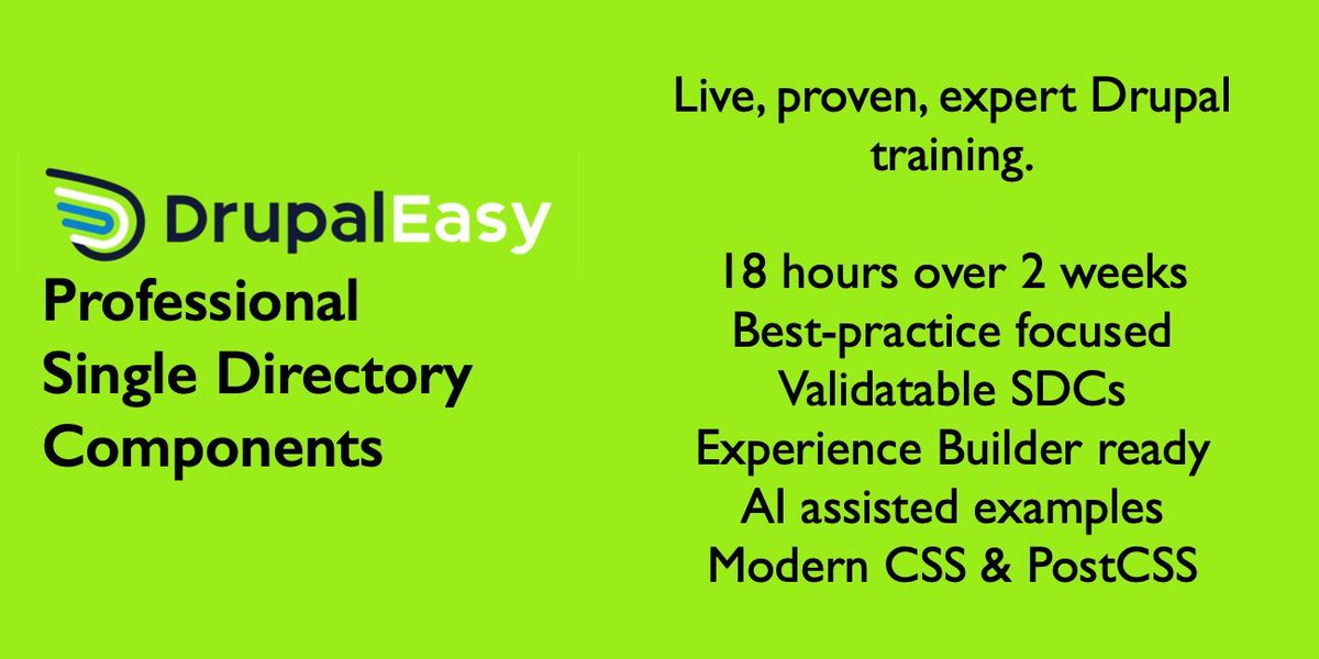 Ready to master modern #drupal component architecture? 🏗️✨

Professional Single Directory Components will transform how you build reusable, maintainable themes. I’ll make complex concepts crystal clear! 💎

Starts Nov 3 • $600 for 18 hours of training
drupaleasy.com/academy/sdc/co…