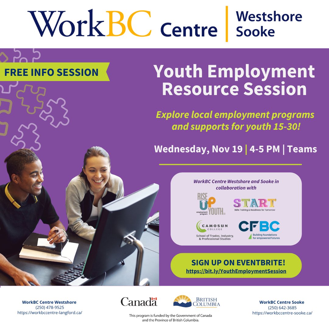 Are you between the ages of 15 and 30 and looking to explore your career and education options on Vancouver Island? Join WorkBC Centre Westshore for its free Virtual Youth Employment Resource Session on Wed, Nov 19, at 4:00 pm. 

eventbrite.ca/e/youth-employ…

#YouthEmployment