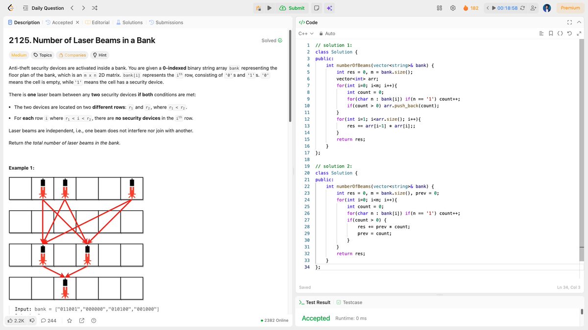 me_sajeeb's tweet image. 🔦 LeetCode Daily: Laser Beams in Bank ✅
Two solutions: array storage vs space-optimized! Track prev count only = O(1) space.
⚡ O(m×n) time, O(1) space 
🎯 Beams = prev_count × curr_count 
💡 Remember only what you need
#LeetCode #CPlusPlus #Optimization #100DaysOfCode