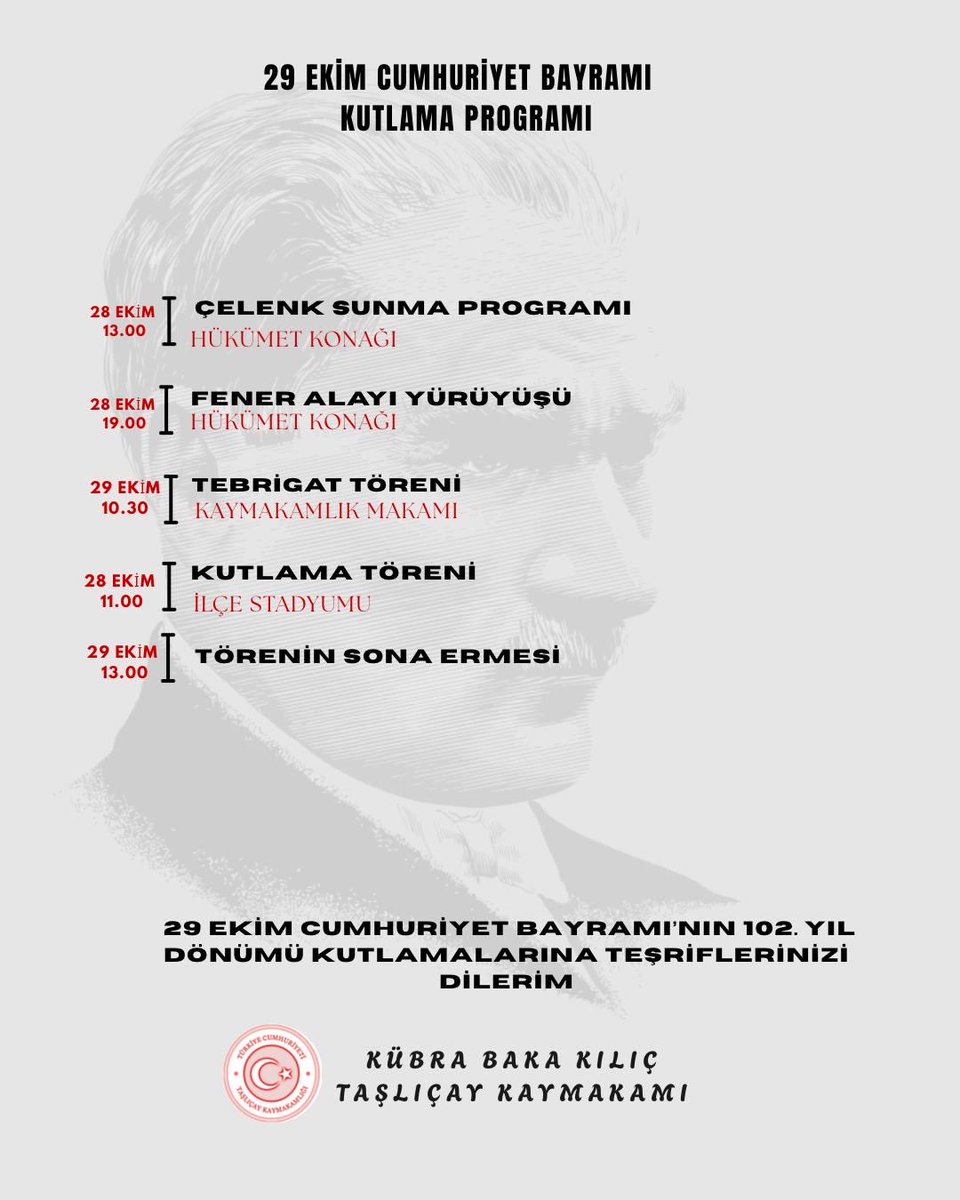 Cumhuriyetimizin 102. Yıl coşkusunu hep birlikte yaşayalım!

29 Ekim Cumhuriyet Bayramı kutlamaları kapsamında düzenlenecek olan Fener Alayı Yürüyüşü’ne tüm Taşlıçay halkımız davetlidir.

#Gsbgm