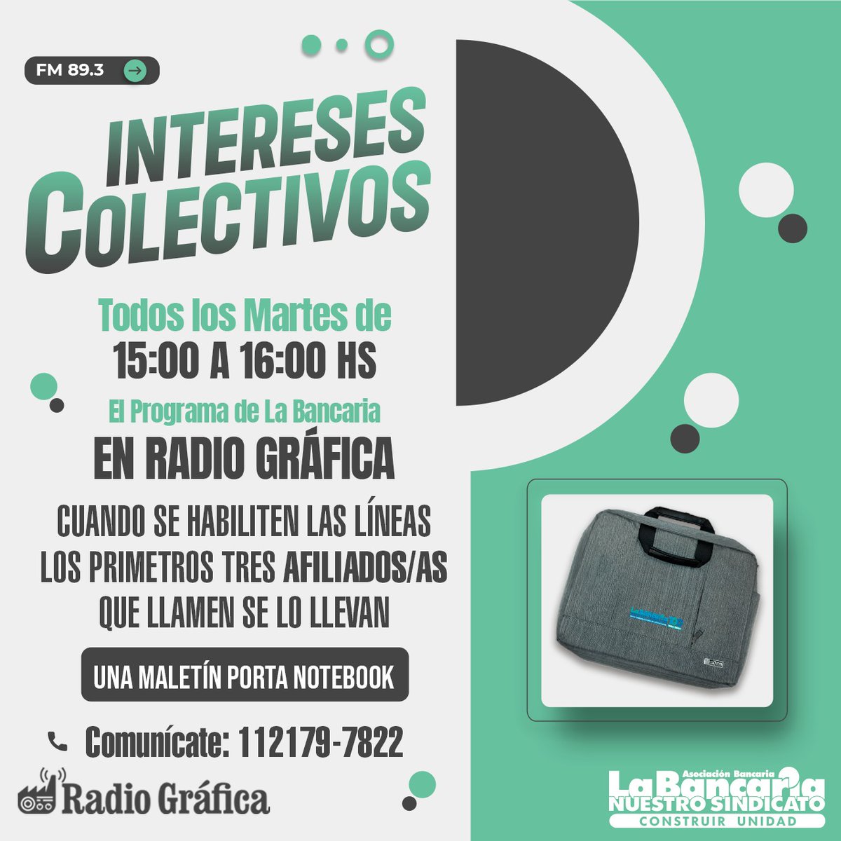 #RadioLaBancaria 

🎙️ Este martes llega una nueva emisión de #InteresesColectivos, el programa de nuestro sindicato.

Además de invitados, estaremos regalando maletín porta Notebook a los primeros oyentes afiliados que se comuniquen.

🕒 Martes 15hs.
📻 <a href="/radiografica893/">Radio Gráfica</a>