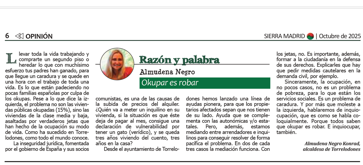 PP Torrelodones (@pp_torrelodones) on Twitter photo "Por más que moleste a la izquierda, hablaremos de inquiocupación, que es como se habla coloquialmente. Porque todos saben que okupar es robar. E inquiocupar, también".
<a href="/almudenanegro/">Almudena Negro 🇪🇸 🇩🇪</a> en <a href="/periodicoSIERRA/">Periódico SIERRA MADRID</a> "Por más que moleste a la izquierda, hablaremos de inquiocupación, que es como se habla coloquialmente. Porque todos saben que okupar es robar. E inquiocupar, también".
<a href="/almudenanegro/">Almudena Negro 🇪🇸 🇩🇪</a> en <a href="/periodicoSIERRA/">Periódico SIERRA MADRID</a>