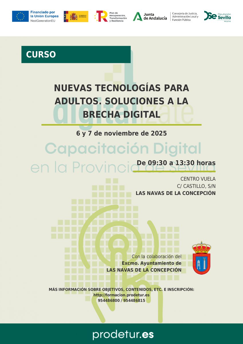 💻 Curso: Nuevas tecnologías para adultos. Soluciones a la brecha digital
Aprende a usar herramientas digitales y gana autonomía en tu día a día.

📍 Centro Vuela 
🗓️ 6 y 7 de noviembre de 09:30 a 13:30 h

#digitalízate