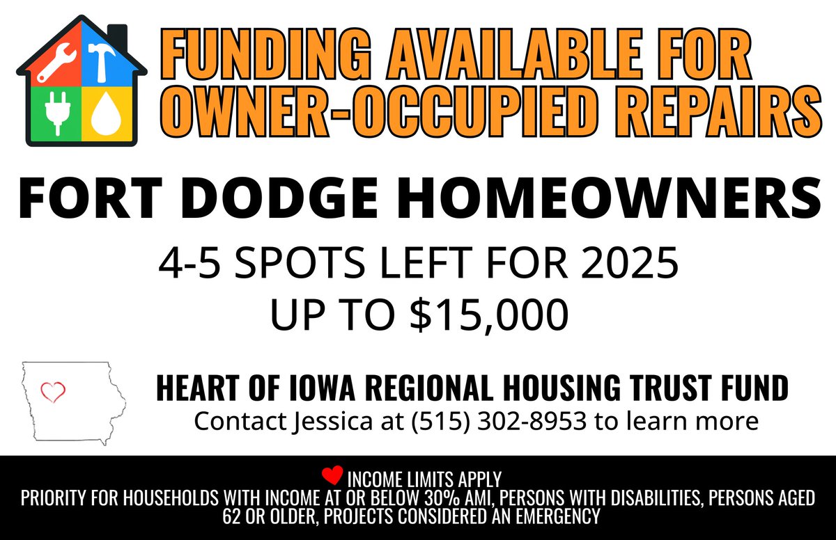 FDCITY's tweet image. 🏡 Fort Dodge homeowners! Need home repairs? The Heart of Iowa Regional Housing Trust Fund has funds for 2025 projects. Get up to $15,000 for repairs. Limited spots! Income limits apply. Apply now. 📞 Contact Jessica: 515-302-8953