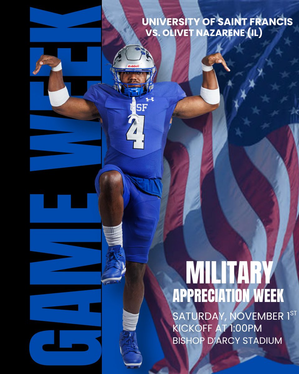 🇺🇸 Game Week🇺🇸

This Saturday, we honor those who serve. Join us for Military Appreciation Day as the Cougars return home to battle Olivet Nazarene! 🏈

📅 November 1
📍 Bishop D’Arcy Stadium
🕐 1:00 PM Kickoff