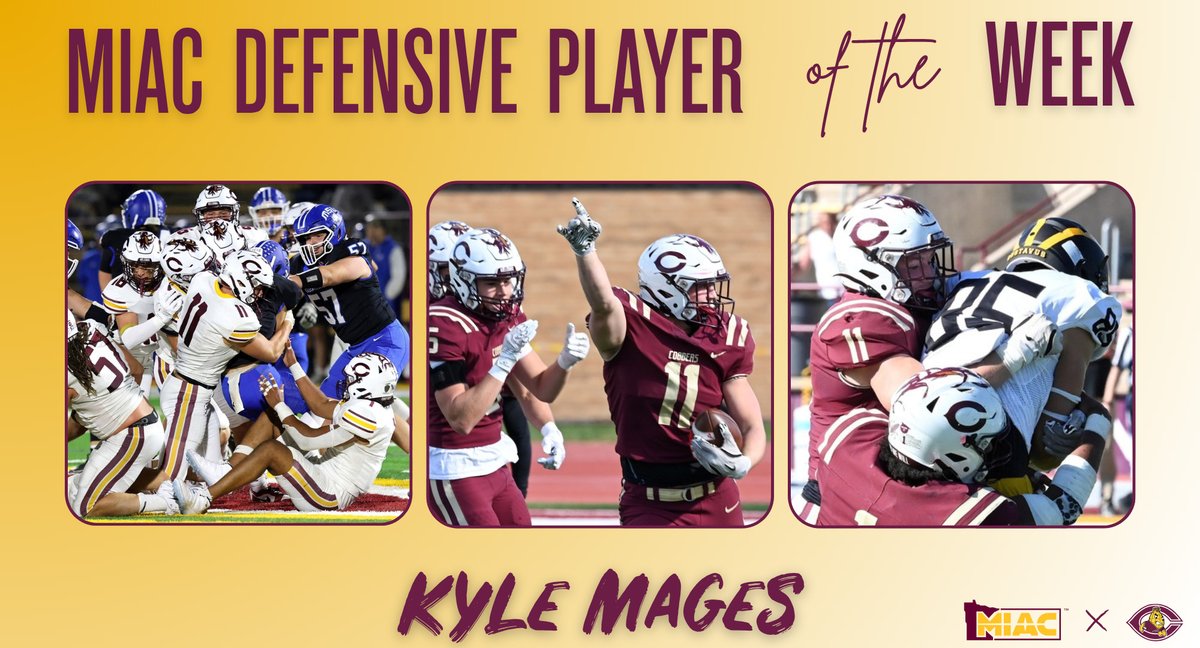 𝗠𝗜𝗔𝗖 𝗣𝗟𝗔𝗬𝗘𝗥 𝗢𝗙 𝗧𝗛𝗘 𝗪𝗘𝗘𝗞!
CORNGRATS to Cobber football sophomore linebacker Kyle Mages, who had 2 interceptions, 9.0 tackles &amp; 1.5 tackles for a loss in CC's win at Augsburg. He also returned 1 of the INTs for a TD. 

𝗗𝗘𝗧𝗔𝗜𝗟𝗦: tinyurl.com/4r8wzskn