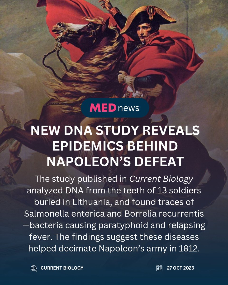 MED (@medtriagex) on Twitter photo 🧬 New DNA study reveals epidemics that helped destroy Napoleon’s army ⚔️ cell.com/current-biolog… #Research #History #Science #DNA #Napoleon #Pandemic 🧬 New DNA study reveals epidemics that helped destroy Napoleon’s army ⚔️ cell.com/current-biolog… #Research #History #Science #DNA #Napoleon #Pandemic