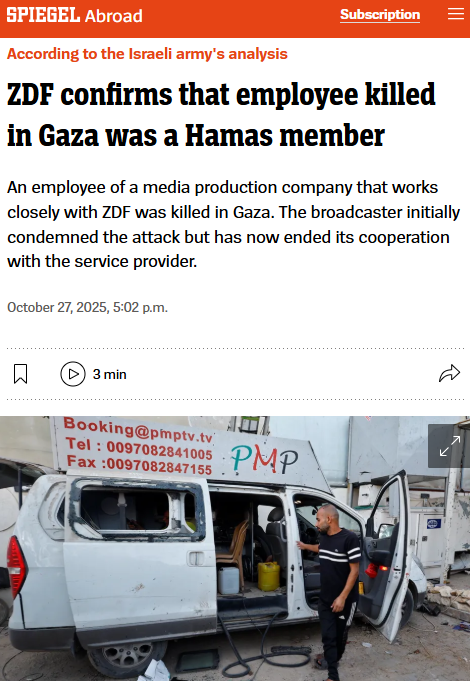 Leslie Kajomovitz (@kikas6652) on Twitter photo German public broadcaster ZDF has confirmed that one of its employees killed in Gaza was, in fact, a Hamas platoon commander. German public broadcaster ZDF has confirmed that one of its employees killed in Gaza was, in fact, a Hamas platoon commander.