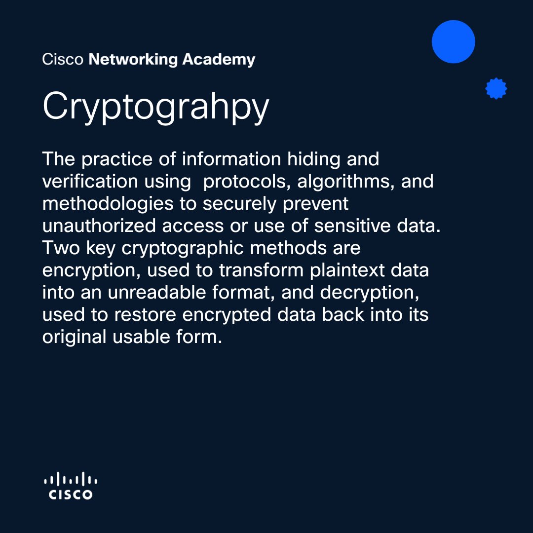 CiscoNetAcad's tweet image. 🔐 The ABCs of Cybersecurity 🔐
Understanding these terms is a first step toward a secure career path. Get more key definitions and study resources in our CCNA Cybersecurity Certification Guide, it's free: cs.co/601078w9o