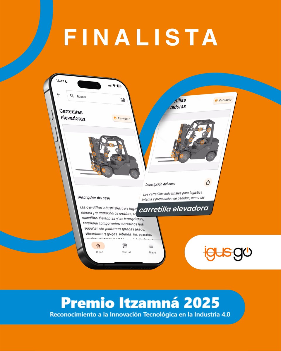 Hoy celebramos ser finalistas en los Premios Itzamná 2025 con Igus GO, nuestra app de inteligencia artificial que, con una simple fotografía, brinda sugerencias de optimización para maquinaria y equipos industriales. <a href="/Indtransmex/">Smart Technology Expo</a>